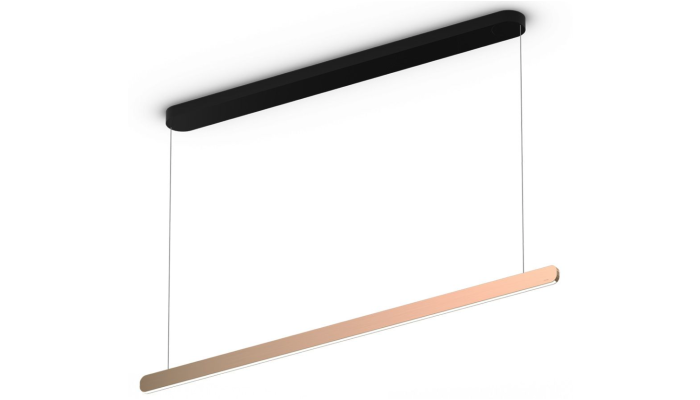Langbordspendel i rose gold med 2 wire der g&aring;r op til en sort aflang baldakin